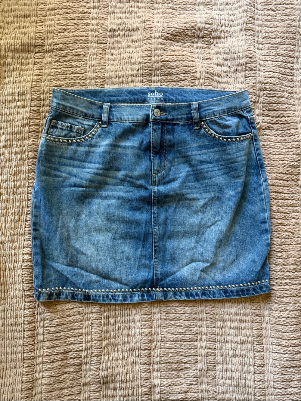 Soho Denim Mini Skirt in Medium Blue with Stud Accents